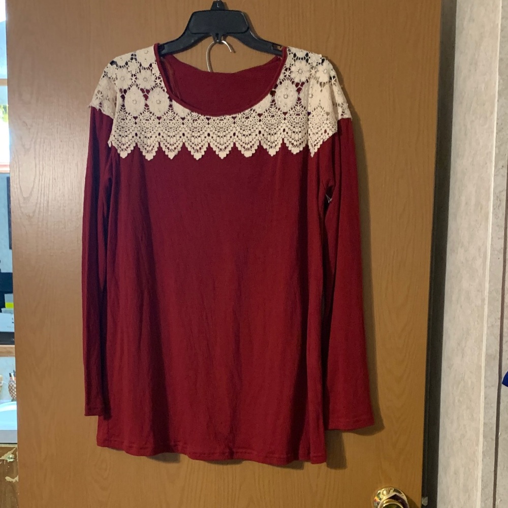 Umgee Burgundy Long Sleeve Top with Cream Lace